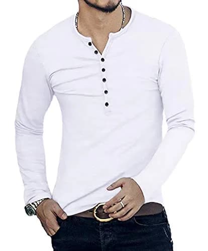 YTD Mens Casual Slim Fit Basic Henley Long Sleeve Fashion T-Shirt XL White | Comfortable Slim Fit Cotton Blend thumbnail 3