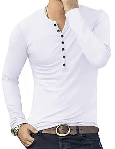 YTD Mens Casual Slim Fit Henley Long Sleeve T-Shirt White | Comfortable, Slim Fit, Cotton Blend thumbnail 5