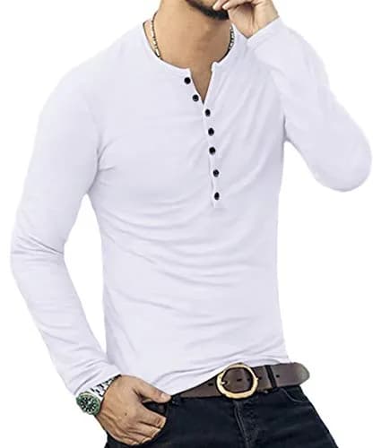 YTD Mens Casual Slim Fit Henley Long Sleeve T-Shirt White | Comfortable, Slim Fit, Cotton Blend thumbnail 6