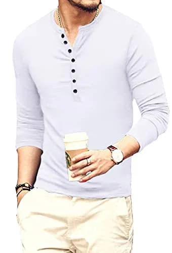 YTD Mens Casual Slim Fit Henley Long Sleeve T-Shirt White | Comfortable, Slim Fit, Cotton Blend thumbnail 2