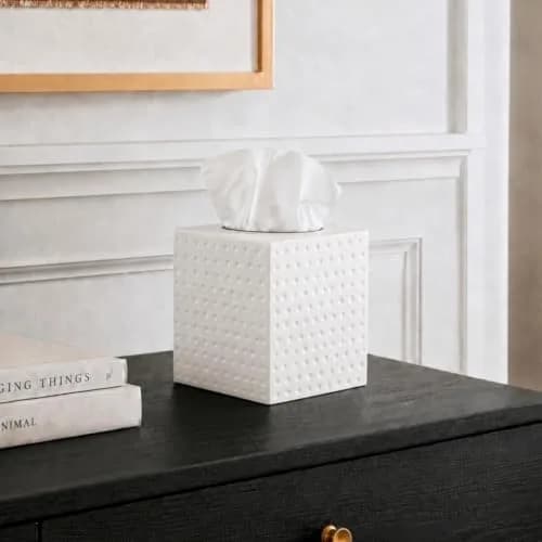 Monarch Abode Hand Hammered White Metal Tissue Box Cover Square | Aesthetic Decorative Facial Napkin Cube for Modern Home Decor thumbnail 5