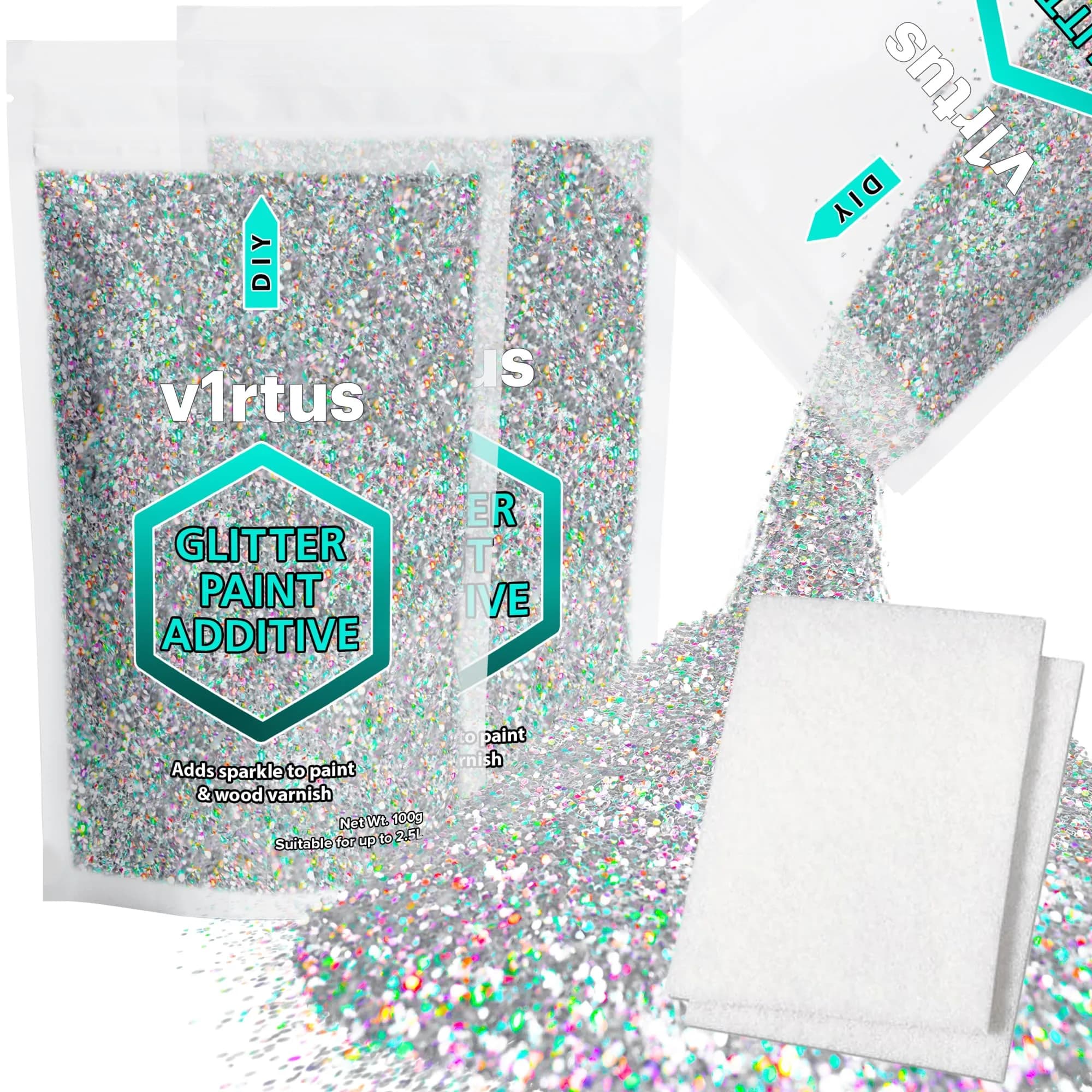 v1rtus Silver Holographic Glitter Paint Additive 200g | Sparkle Wall & Craft Decor - main product image