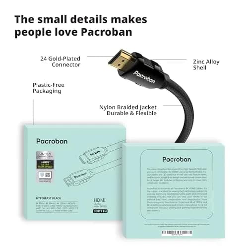 Pacroban HDMI 2.1 Cable 10ft | 8K60 / 4K120, eARC, Braided High-Speed HDMI for TV, PS5, Xbox thumbnail 7