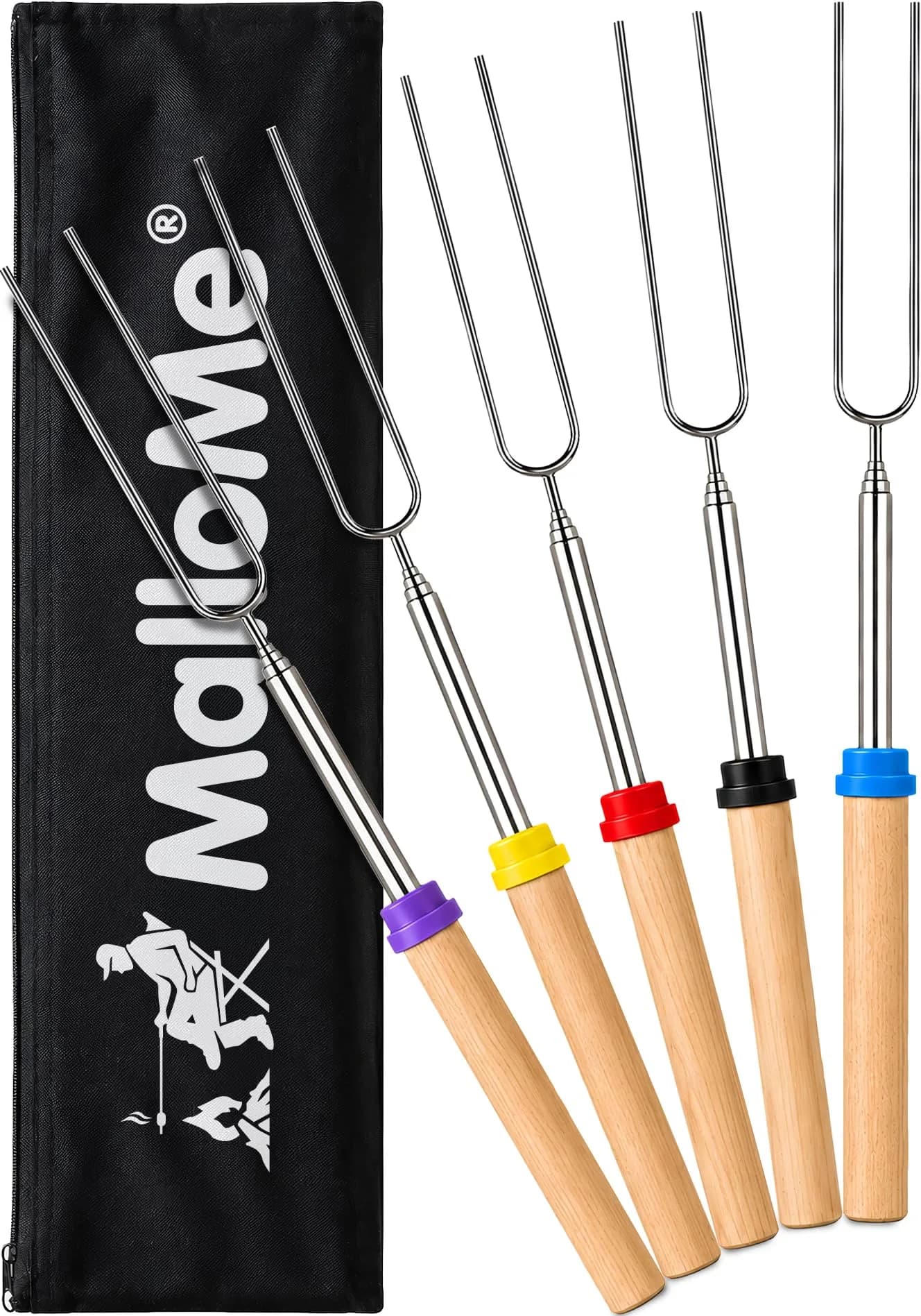 MalloMe 32" Telescoping Marshmallow Roasting Sticks (5 Pack, Silver) | Heavy Duty Stainless Steel Forks for Campfire Cooking - main product image