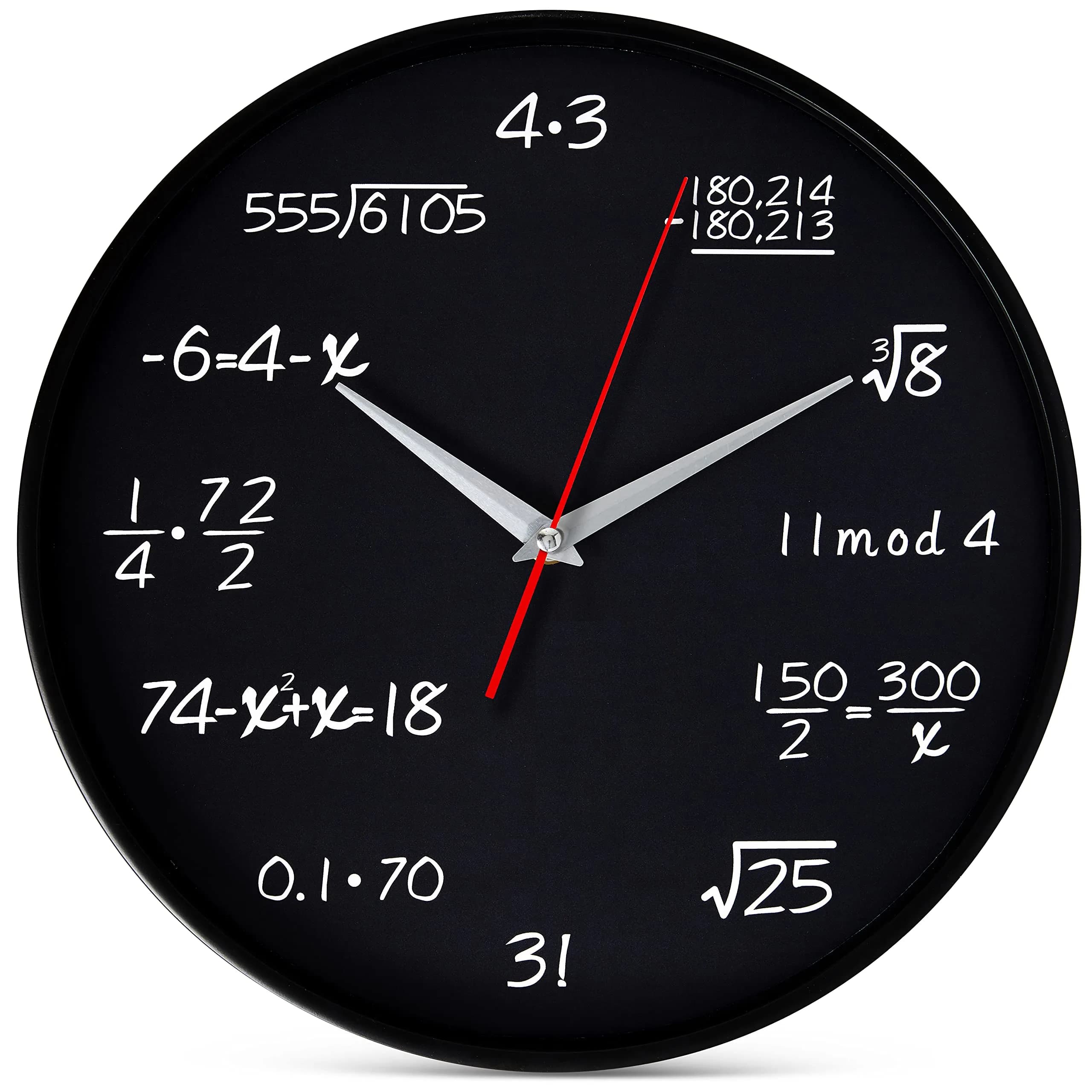 Bernhard Products Large 12.5 Inch Purple Wall Clock with Sweep Movement, Quartz Analog Display, Plastic Case, Metal Hands, Battery Operated — Math Equations