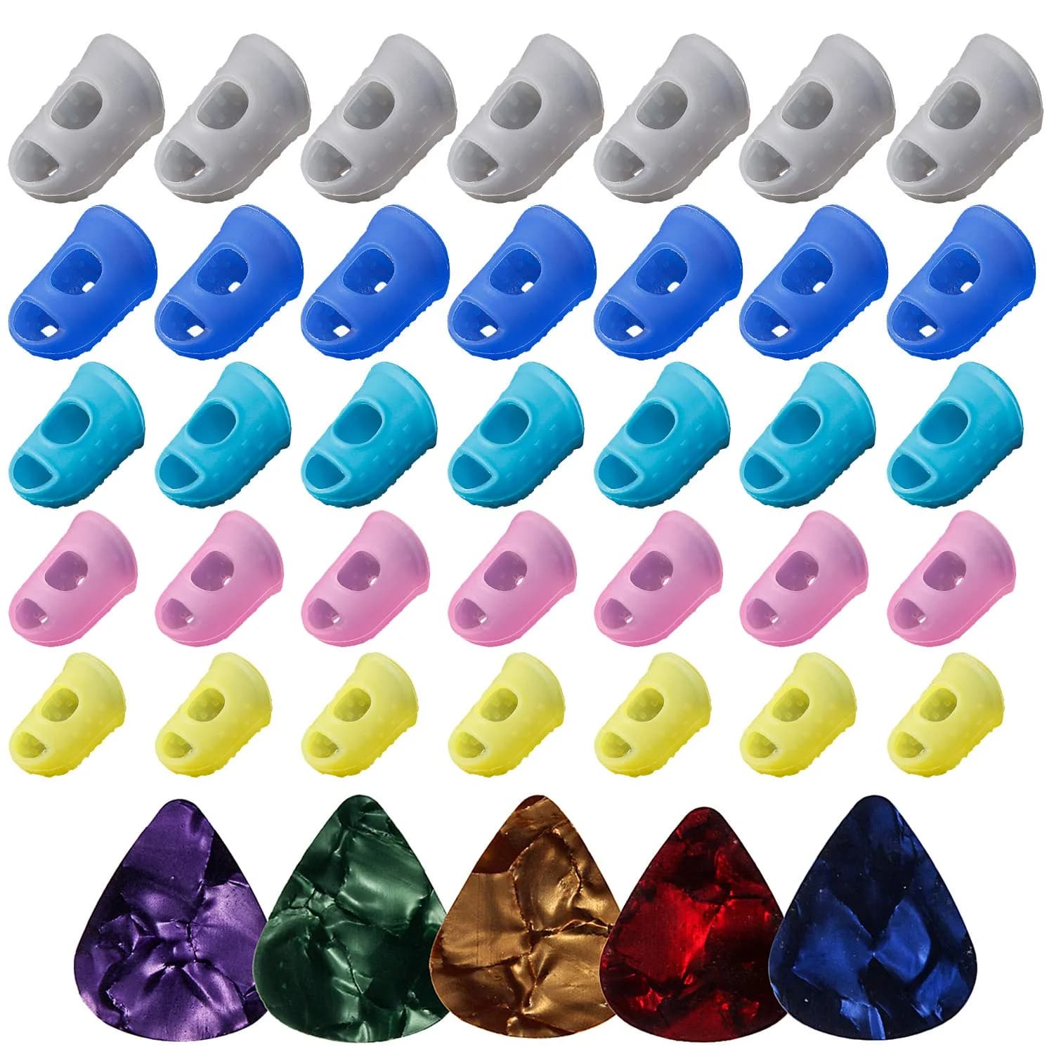 AUGSUN Silicone Guitar Finger Guards 5 Sizes & 5 Celluloid Picks | Pain Relief for Beginners
