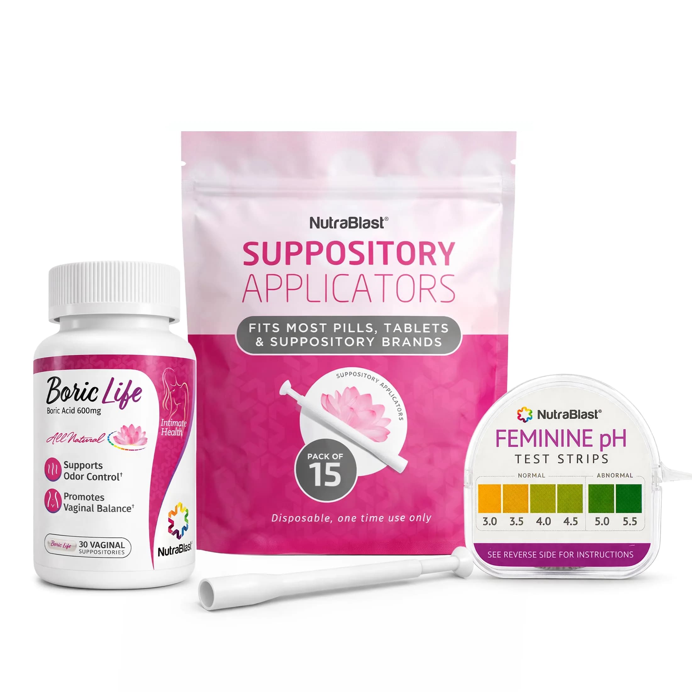 NutraBlast Boric Acid Suppositories 600mg (30 Count) Bundle with Applicators & pH Test Strips | Natural Intimate Health Support