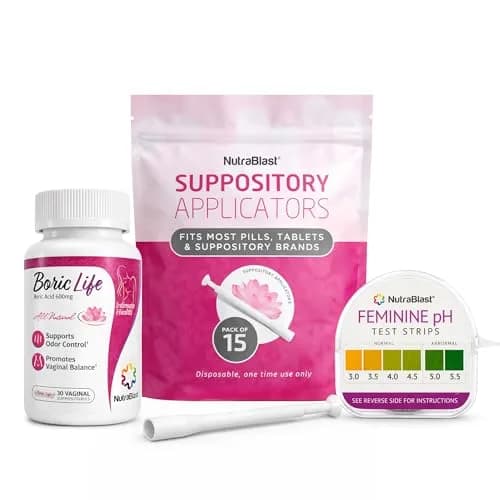 NutraBlast Boric Acid Suppositories 600mg (30 Count) Bundle with Applicators & pH Test Strips | Natural Intimate Health Support thumbnail 1