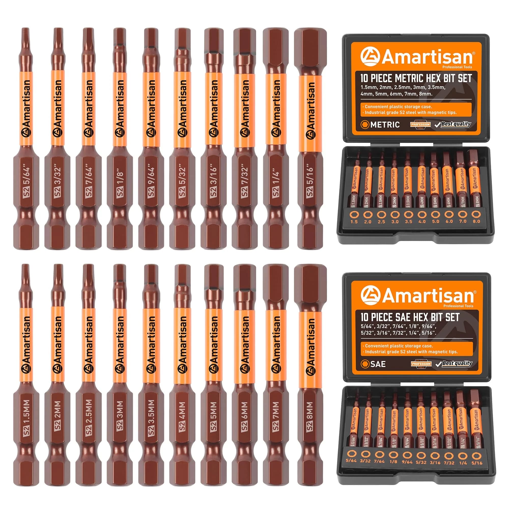 Amartisan 20-Piece Hex Bit Set | High-Quality S2 Alloy Steel, Metric & SAE, 2.3" Length, Black
