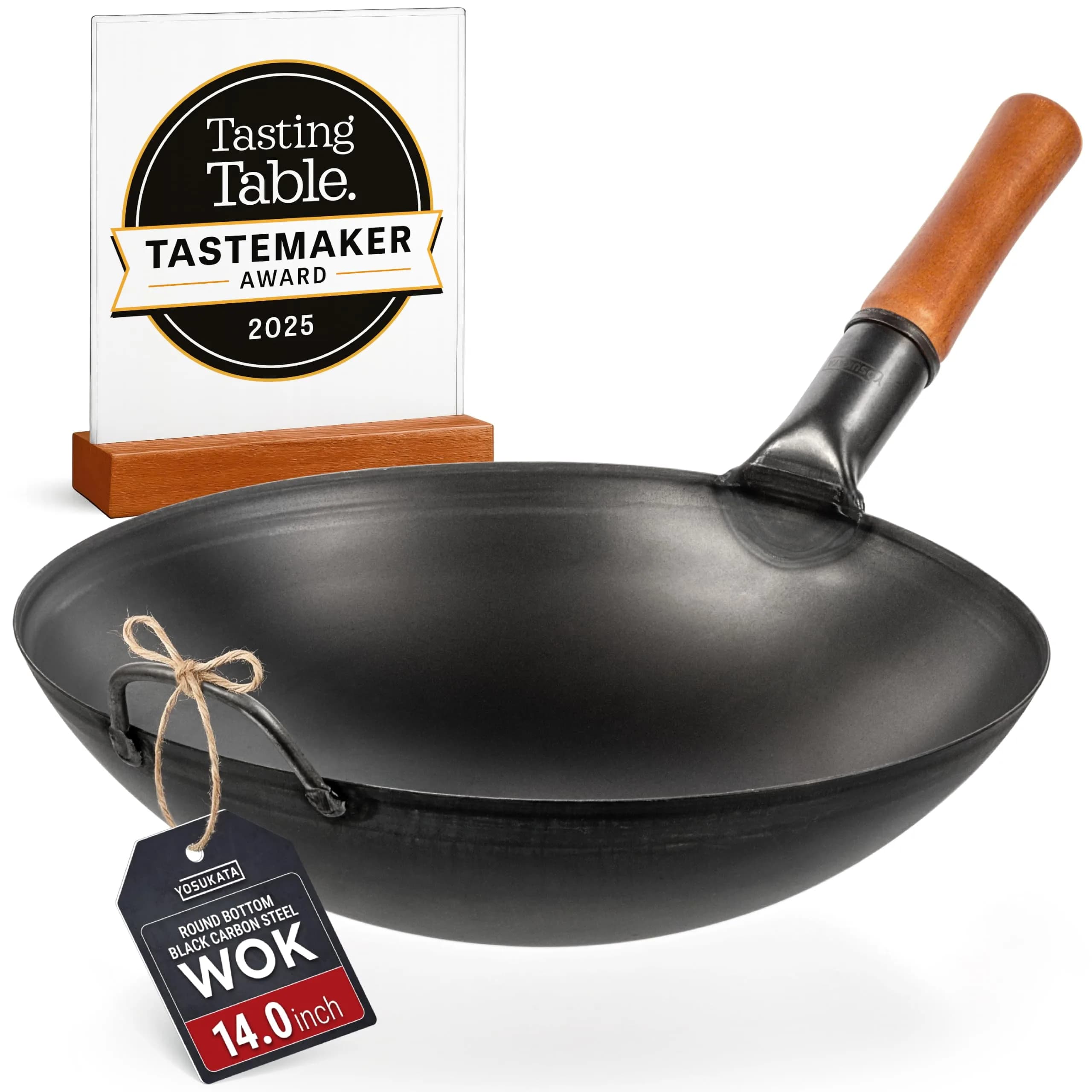 YOSUKATA 14" Black Carbon Steel Wok with Round Bottom | Authentic Pre-Seasoned Stir Fry Pan - main product image
