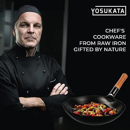 YOSUKATA 14" Black Carbon Steel Wok with Round Bottom | Authentic Pre-Seasoned Stir Fry Pan thumbnail 9