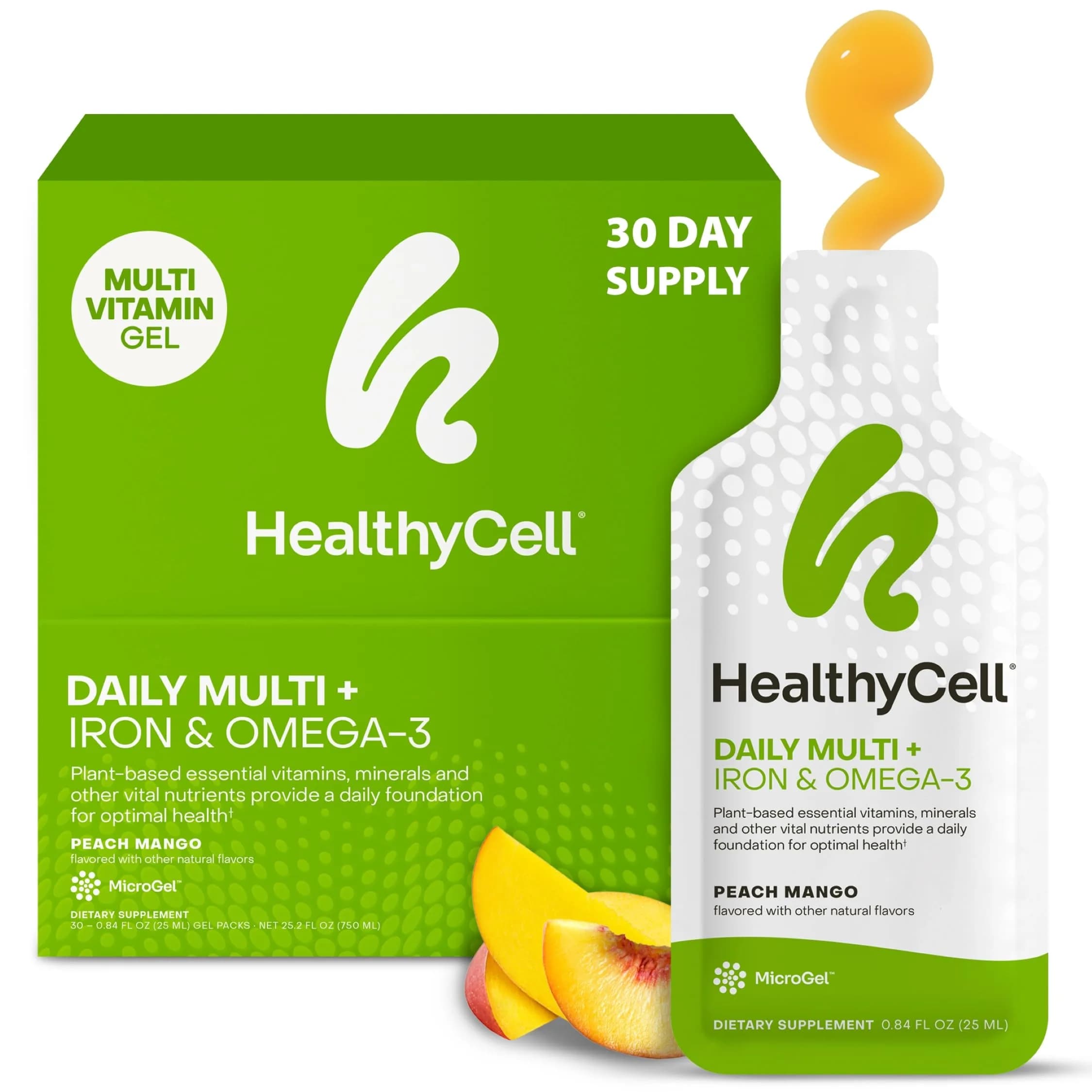 HealthyCell Vegan Daily Multivitamin with Iron & Omega-3 Liquid Supplement | Complete Plant-Based Nutrition for Overall Vitality — 0.84 Fl Oz
