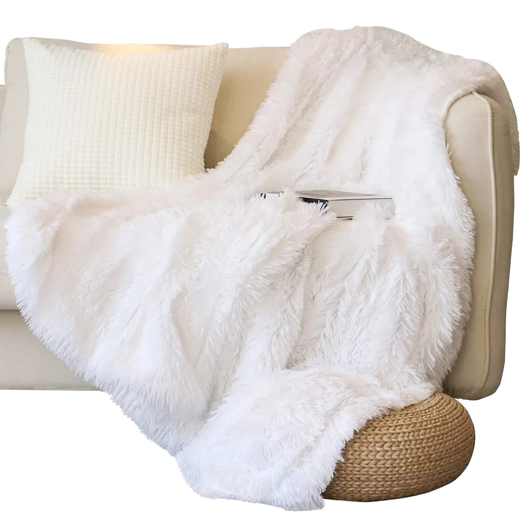 Tuddrom Decorative Faux Fur Throw Blanket 127x152 cm (50"x60") | Soft Fuzzy Plush Microfiber Fleece for Couch Sofa Bedroom — Pure White / Throw-50" x 60"