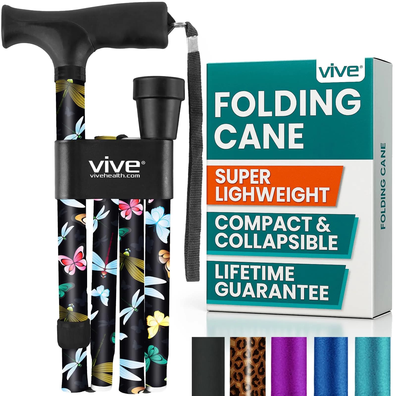 Vive Folding Cane - Adjustable 33"-37" | Lightweight Aluminum Mobility Aid with Ergonomic Grip & Non-Slip Tip — Black Butterfly