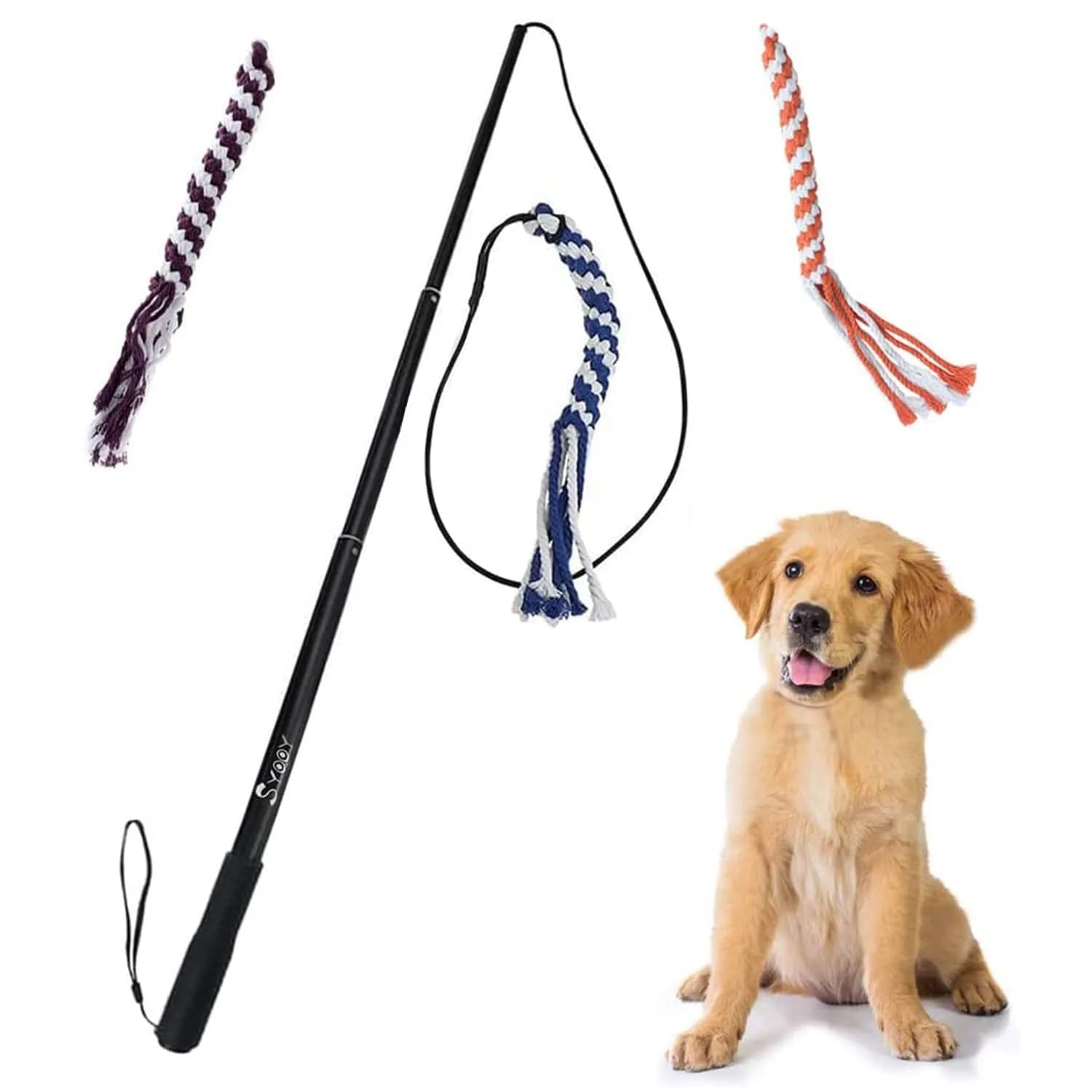 SYOOY Interactive Dog Flirt Pole with 3 Rope Tails | 25cm-89cm (10"-35") Extendable Wand — Blue+Orange