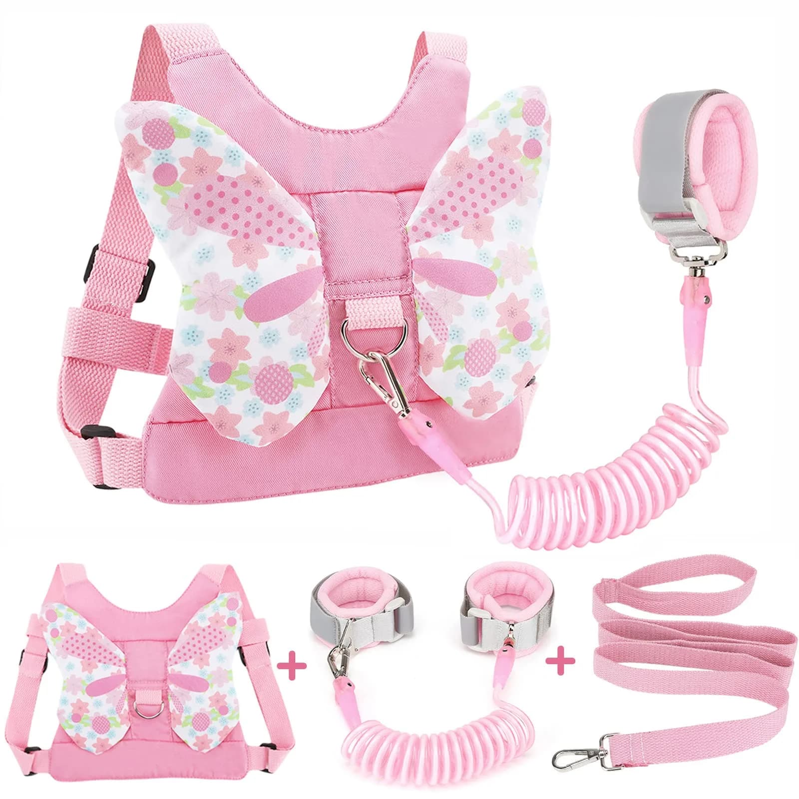 Accmor 3-in-1 Toddler Harness Leash with Anti-Lost Wrist Link | Pink Butterfly Design — Light Pink