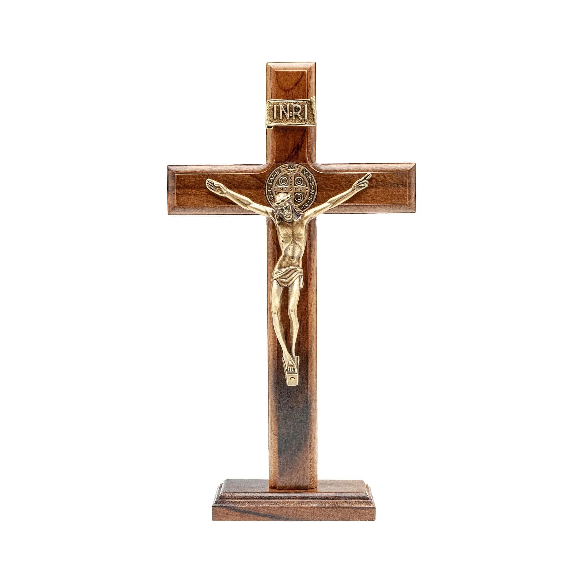 Intercession Antique Gold Wood Cross Crucifix 25.4cm (10 Inch) | St. Benedict Medal & Solid Brazilian Walnut