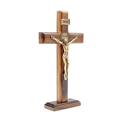 Intercession Antique Gold Wood Cross Crucifix 25.4cm (10 Inch) | St. Benedict Medal & Solid Brazilian Walnut thumbnail 2