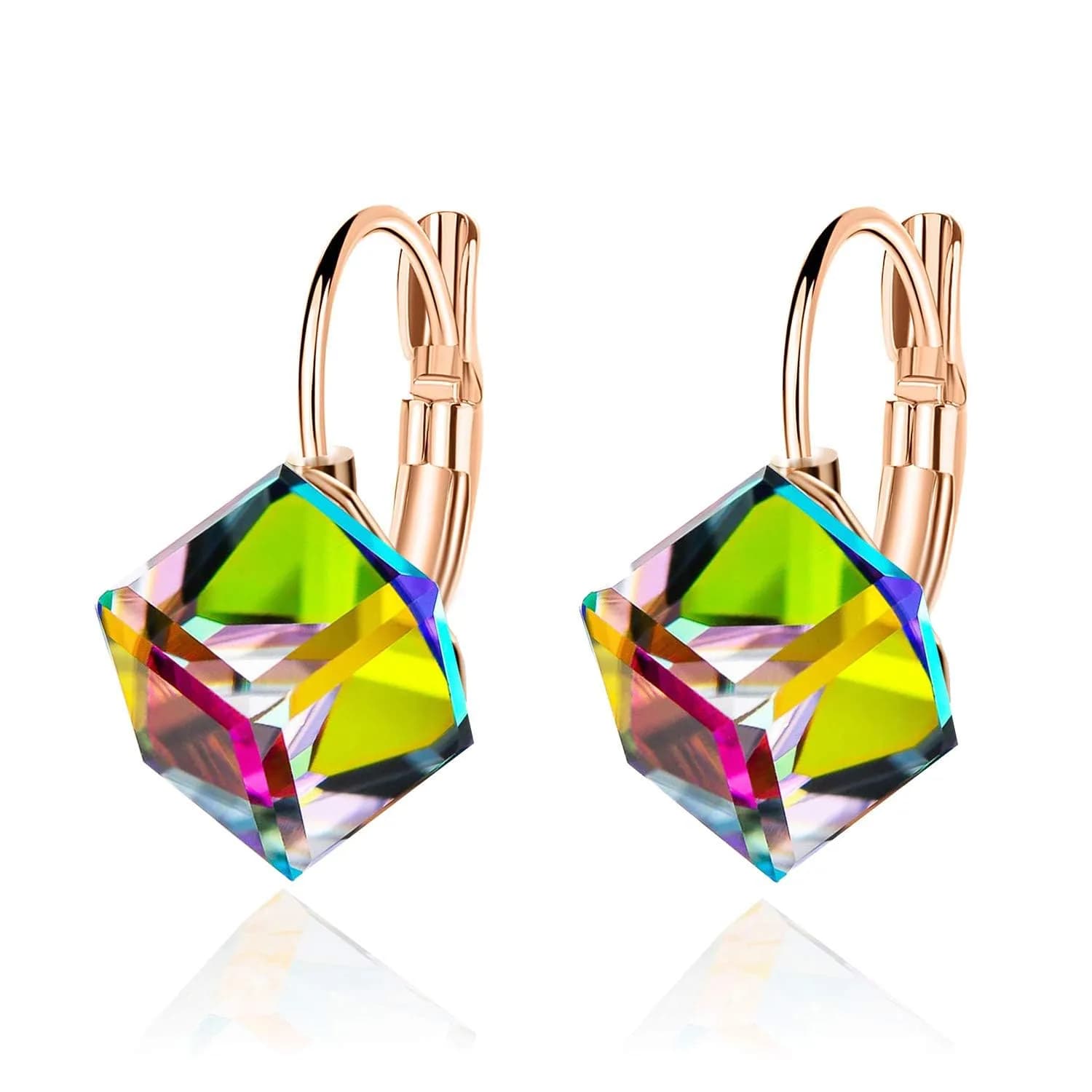 EVEVIC Austrian Crystal Cube Drop Leverback Earrings for Women | 2.29cm (0.9 in) x 1.52cm (0.6 in) Blue Crystal — Rainbow