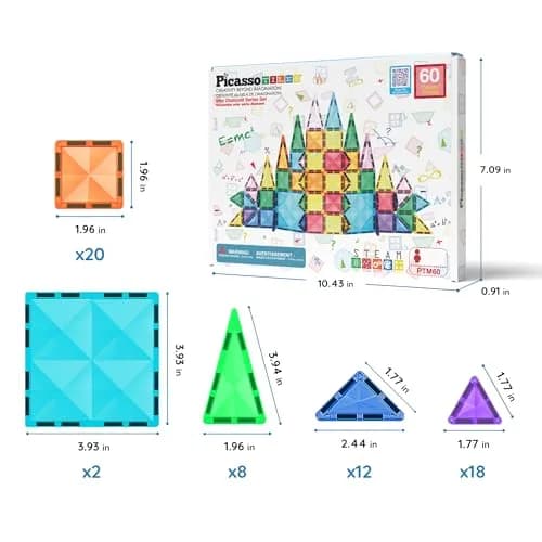 PicassoTiles 60 pcs Mini Magnetic Tiles | Compact Travel-Friendly STEM Building Blocks for Kids 3+ thumbnail 2