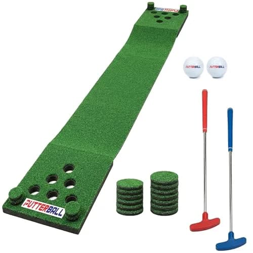 PutterBall Original Golf Putting Game Set – Backyard 12 ft Putting Green Pong Style Golf Mat with 2 Putters, 2 Balls & Hole Covers thumbnail 1