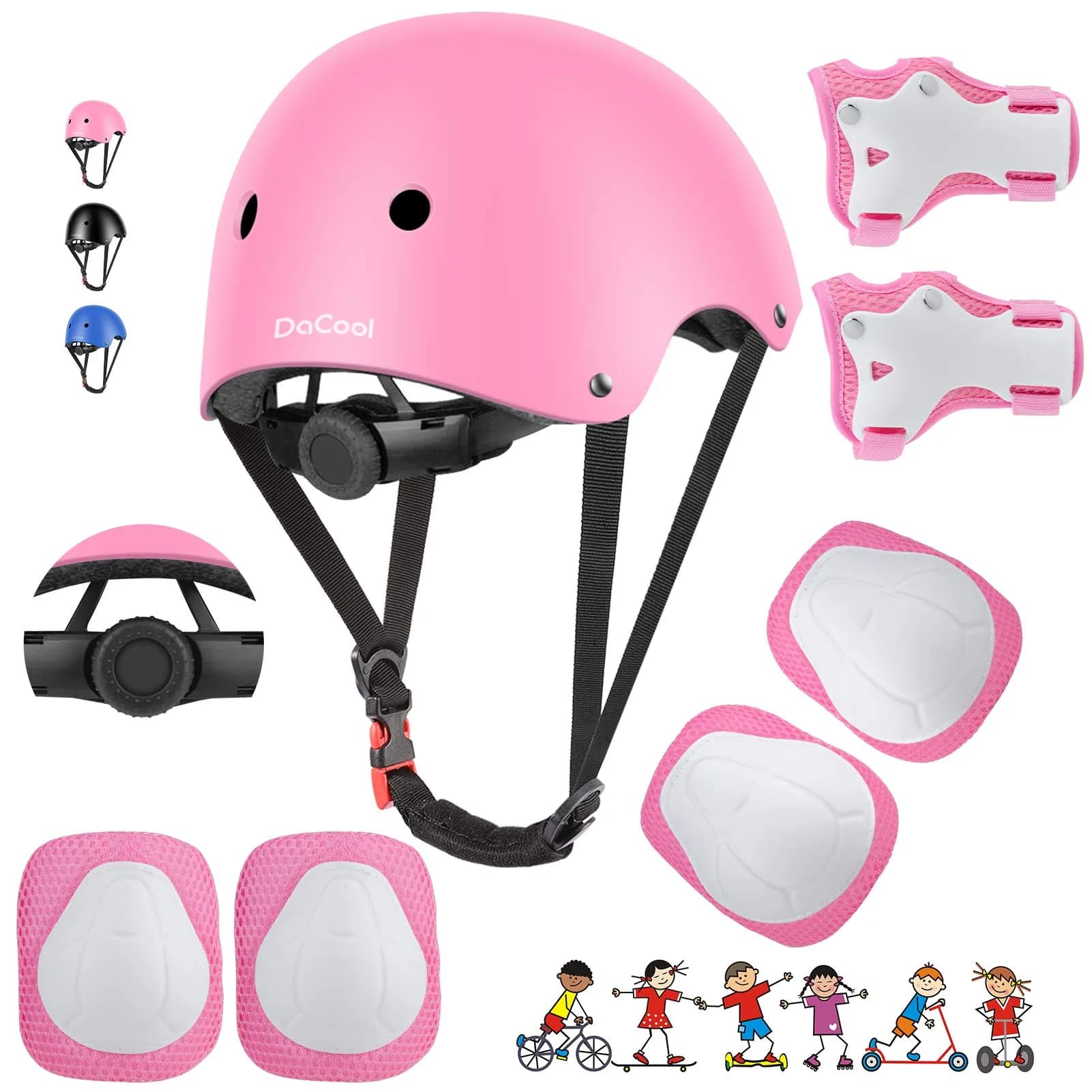 DaCool Kids Bike Helmet & Protective Gear Set for Sports Cycling Skating, Pink, 7-Piece Set — 1-Pink