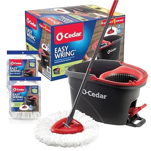 O-Cedar EasyWring Microfiber Spin Mop & Bucket Floor Cleaning System with 3 Refills, Red/Gray | Cleans 99% Bacteria with Water thumbnail 1