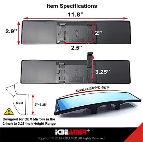 ICBEAMER 11.8" Convex Blue Tint Car Rear View Mirror | Wide-Angle, Anti Glare, Clip-On Fit thumbnail 5