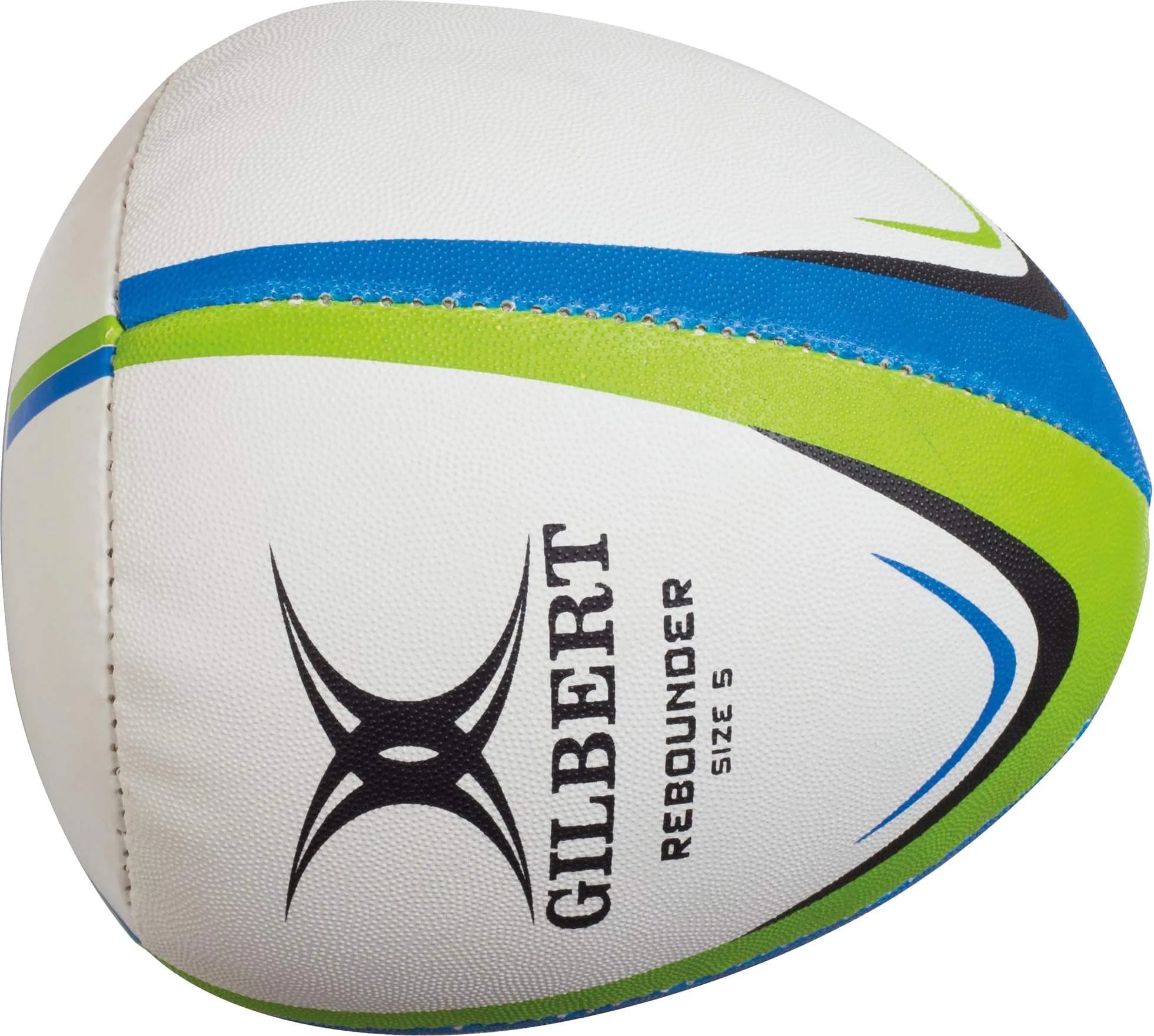 Gilbert Rebounder Match Trainer Rugby Ball White/Lime/Blue | Improves Reflexes & Coordination — Black