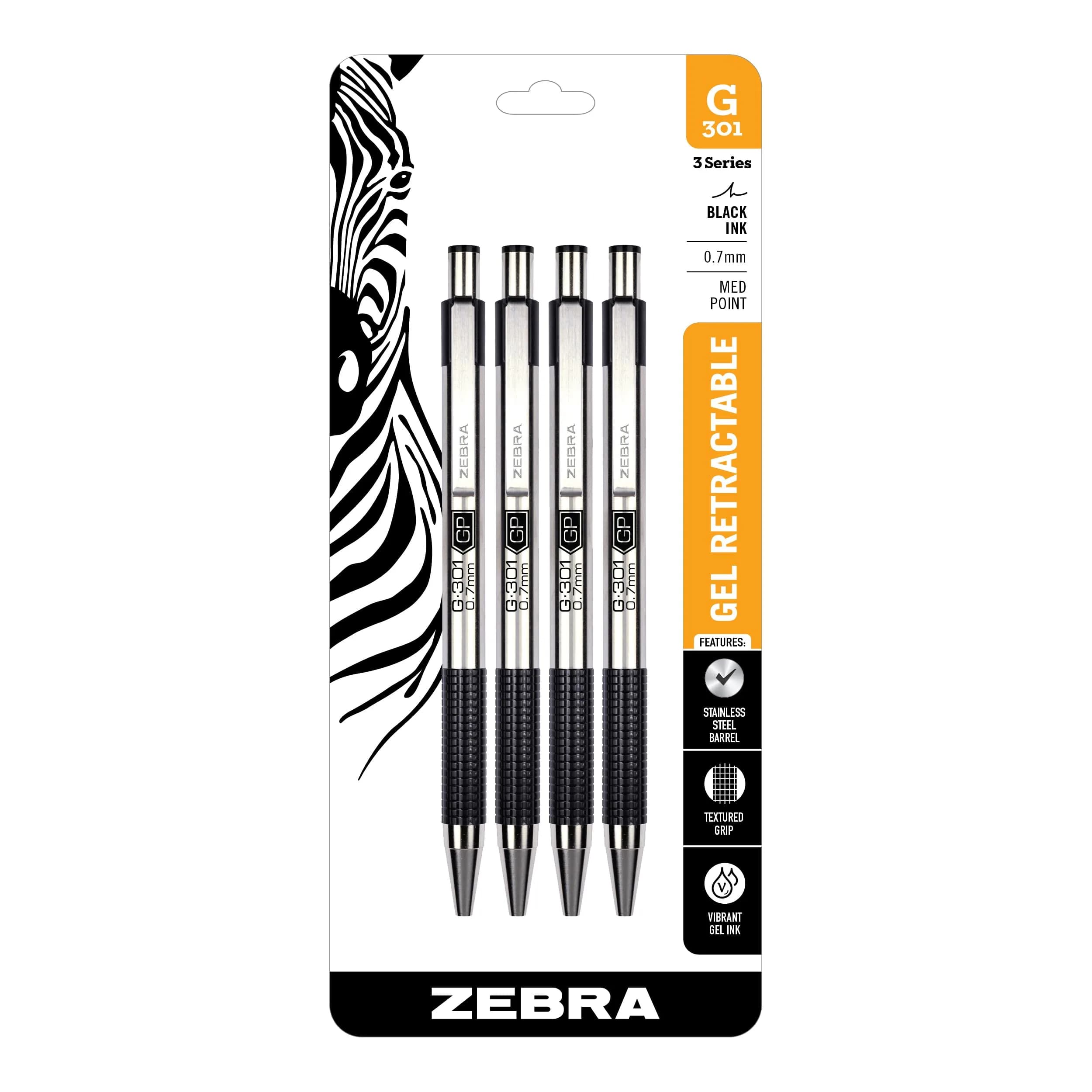 Zebra Pen STEEL G-301 Retractable Gel Pen, Blue Ink, 0.7mm, 2-Pack | Smooth Writing for Students & Professionals — 4-Pack