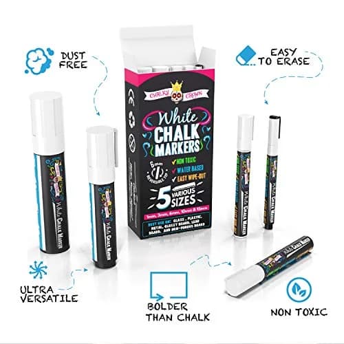 CHALKY CROWN White Liquid Chalk Markers - 5 Pack (1, 3, 6, 10, 15mm) | Eco-Friendly, Kid Safe & Erasable thumbnail 3