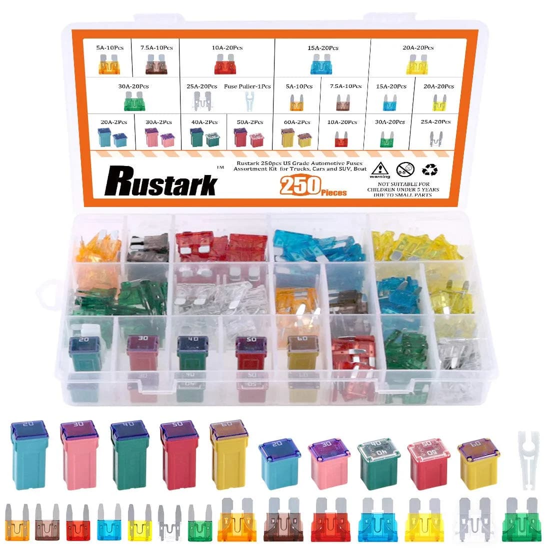 Rustark Automotive Fuses Assortment Kit 250pcs | Standard & Mini Car Blade Fuses, Low & Tall Profile, 4 Style, 251 Pieces - main product image