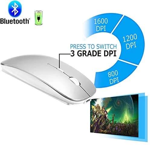 KLO Rechargeable Bluetooth 5.2/3.0/Type-C/USB-2.4G Mouse for MacBook/iPad, Wireless Mouse for Laptop/PC (Silver) thumbnail 3