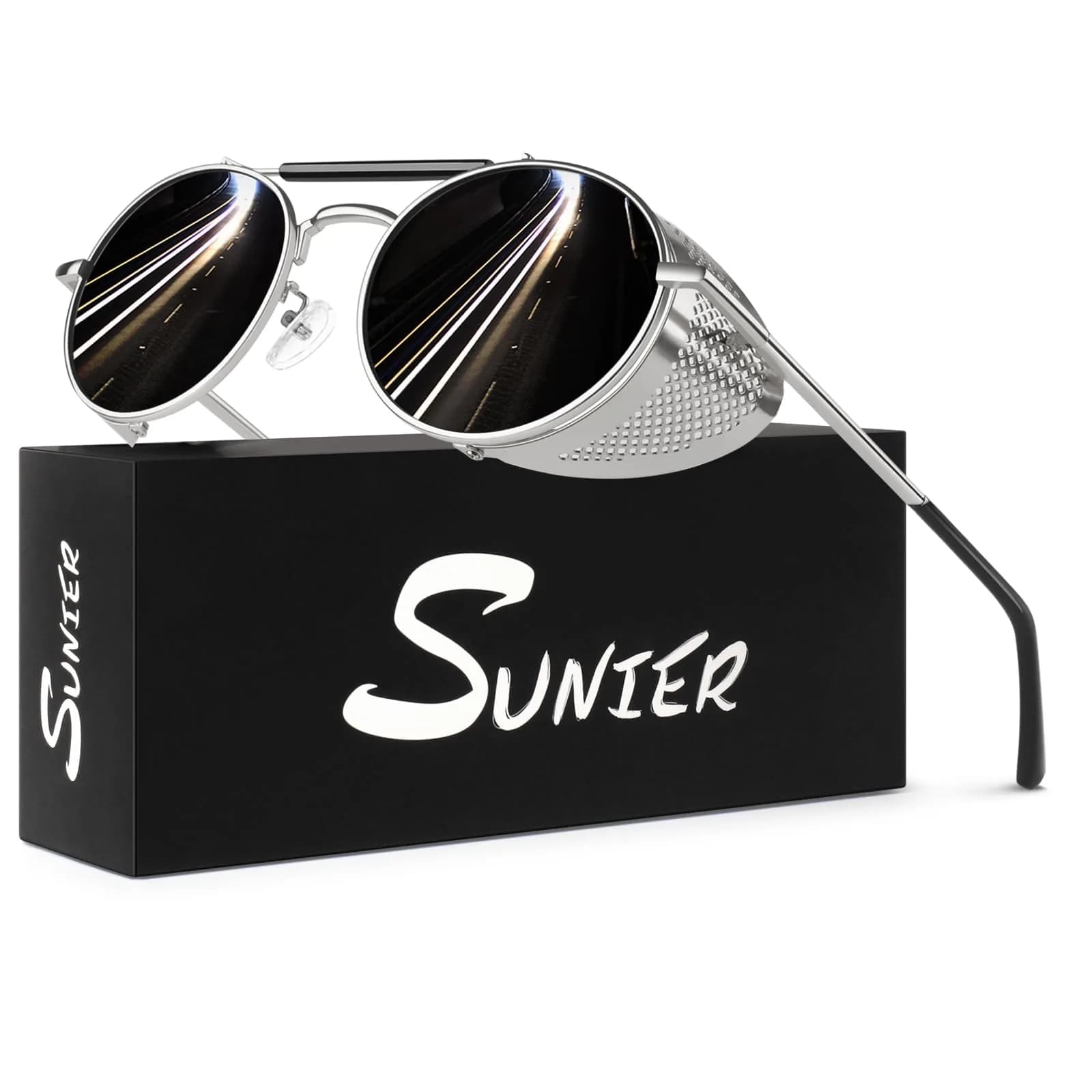 Sunier Round Polarized Steampunk Sunglasses Men Women Side Shield Goggles | 52mm Lens Width — Silver Frame Grey Polarized Lens