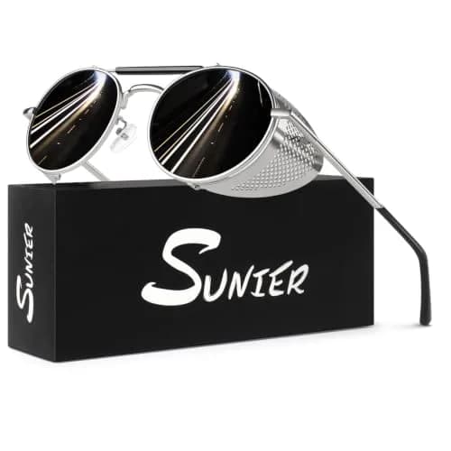 Sunier Round Polarized Steampunk Sunglasses Men Women Side Shield Goggles | 100% UV400 HD Polarized Lens, Unbreakable Metal Frame, Retro Design thumbnail 1