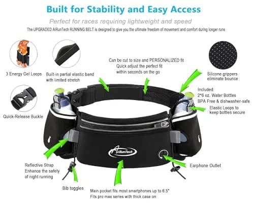 AiRunTech Running Belt with 2x 6oz Bottles & Phone Pocket | Unisex, Adjustable, No Bounce Hydration Pack thumbnail 3