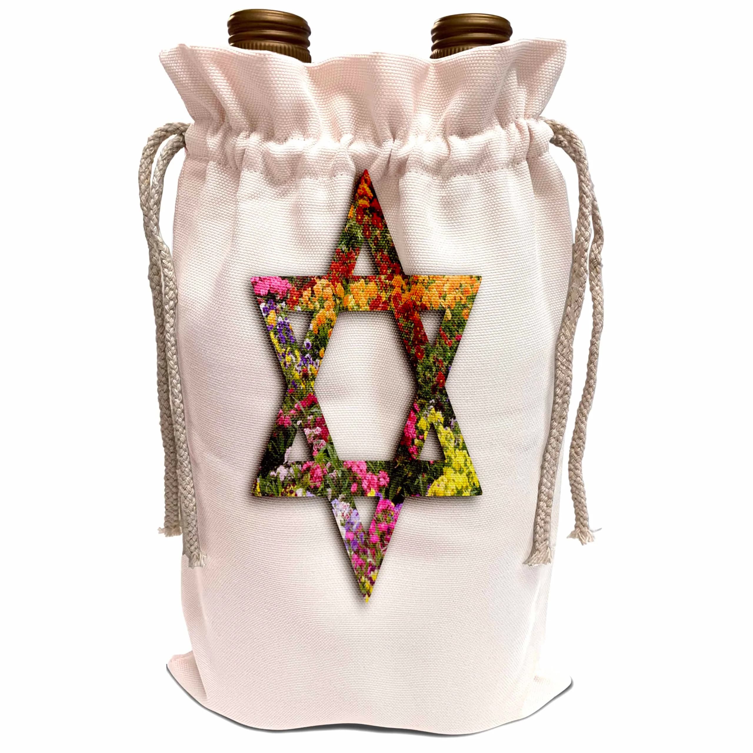 3dRose Colorful Floral Star of David Gift Wrap Bag | Multicolor Flowers, Reusable Canvas, 13.5 inch high - main product image