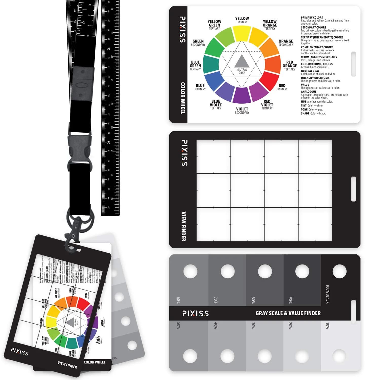 Pixiss Art Craft Kit | Artist Tools on Lanyard, Greyscale, Color Wheel, View Catcher (5x3")