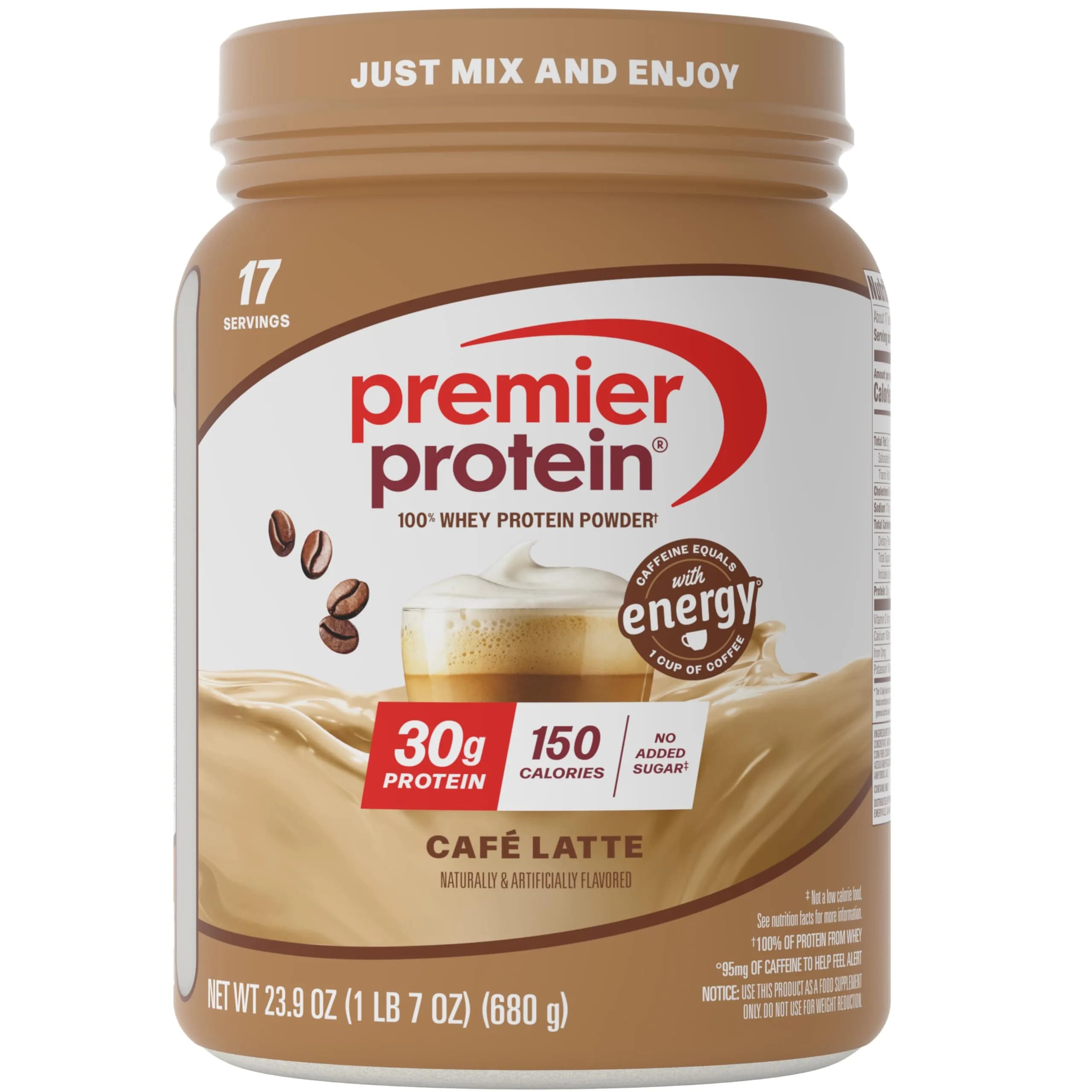 Premier Protein 30g High Protein Powder, 100% Whey, Café Latte, 1.49 lb (675g) | 30g Protein Per Serving with Caffeine — Cafe Latte