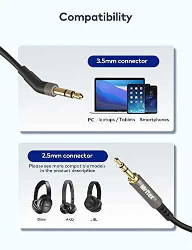Mr Rex 3.5mm to 2.5mm Aux Cable Cord for Bose QC45 QC35II QC35 QC25 Headphones, JBL E45BT E55BT E65BTNC Earphones, 1.5m (5FT) Black thumbnail 2