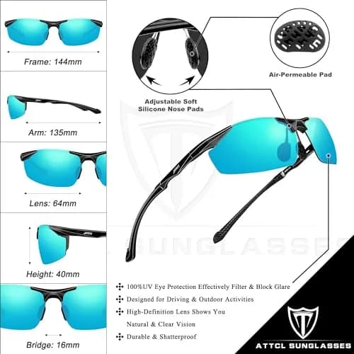 ATTCL Polarized UV Protection Sports Fishing Driving Sunglasses for Men Al-Mg Metal Frame Ultra Light 8585 Blue | Wrap Around Design thumbnail 5