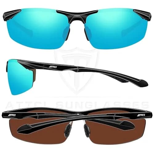ATTCL Polarized UV Protection Sports Fishing Driving Sunglasses for Men Al-Mg Metal Frame Ultra Light 8585 Blue | Wrap Around Design thumbnail 3