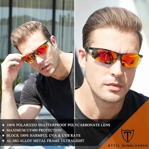 ATTCL Polarized UV Protection Sports Sunglasses for Men, Red/Mirrored Lens (64mm Lens Width) | Wrap-Around Design for Cycling & Driving thumbnail 2