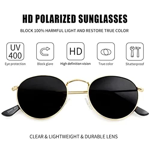 Kursan Small Round Metal Polarized Sunglasses for Men Women Mirrored Lens Classic Circle Sun Glasses (Gold Frame/Black Lens) | UV400 polarized thumbnail 5