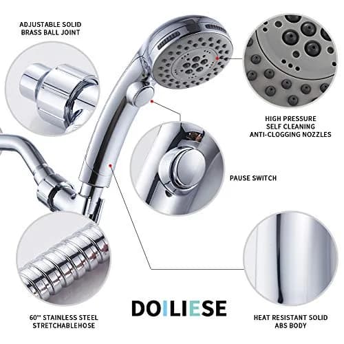 DOILIESE High Pressure Shower Head with Handheld Spray 6 Settings Chrome | 1.8 GPM Flow Rate thumbnail 5
