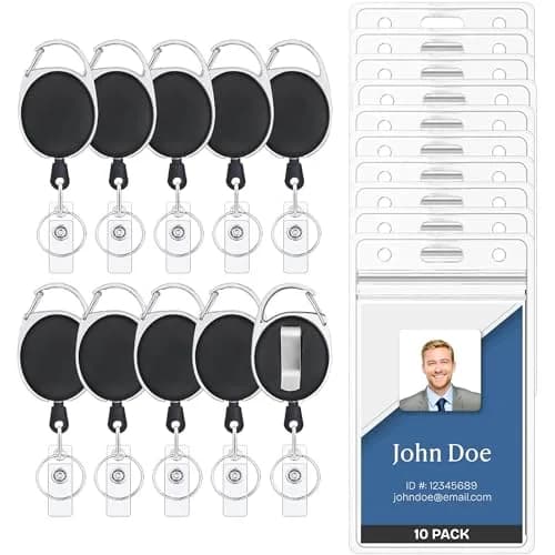 Will Well Heavy Duty ID Badge Holder Retractable 10 Pack - Vertical - Black | Durable, Versatile Badge Holders for Indian Professionals thumbnail 1