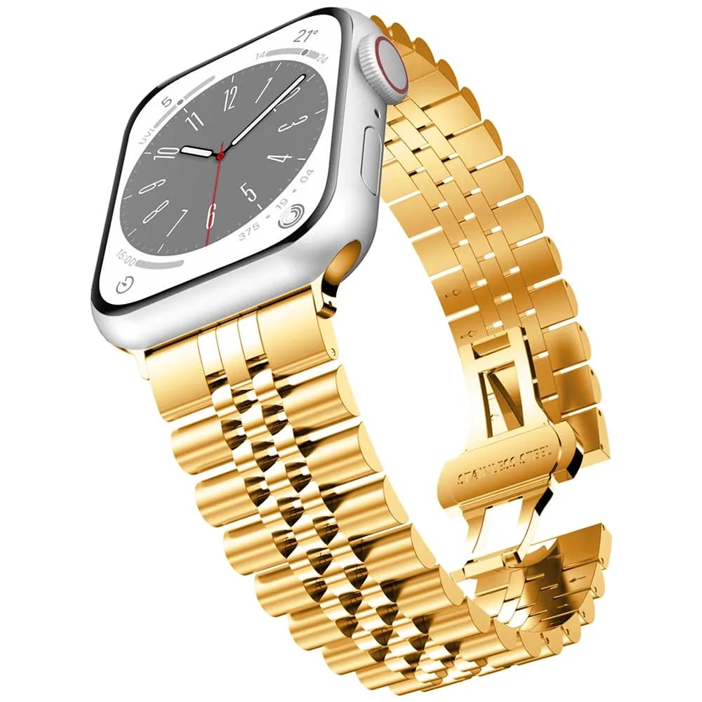 baozai Stainless Steel Watch Band for Apple Watch Ultra 49mm, Series 1-11, SE 42-45mm | Classic 3-Row Design with Butterfly Clasp — Black
