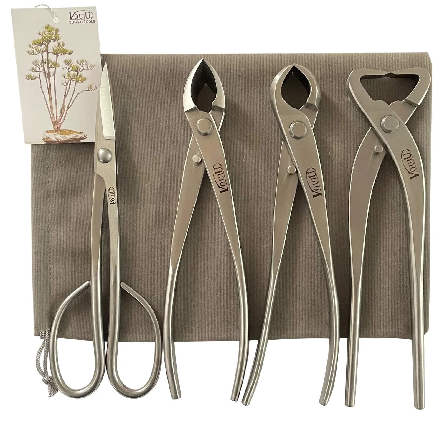 VOUIU 4-Piece Bonsai Tool Set: 8-inch Concave Cutter, Knob Cutter, Trunk Splitter & Scissors | Stainless Steel Blades — Silver