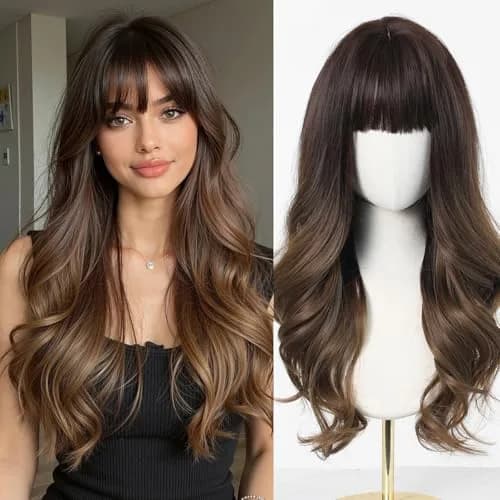 Esmee 24 Inch Long Wavy Synthetic Ombre Wig with Bangs for Women | Heat Resistant, Machine Made, Average Cap Size thumbnail 1