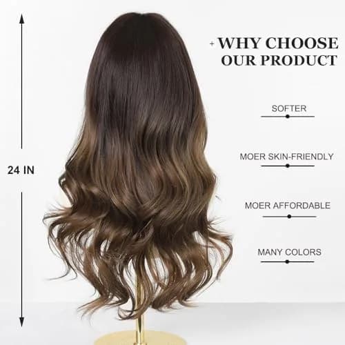 Esmee 24 Inch Long Wavy Synthetic Ombre Wig with Bangs for Women | Heat Resistant, Machine Made, Average Cap Size thumbnail 4